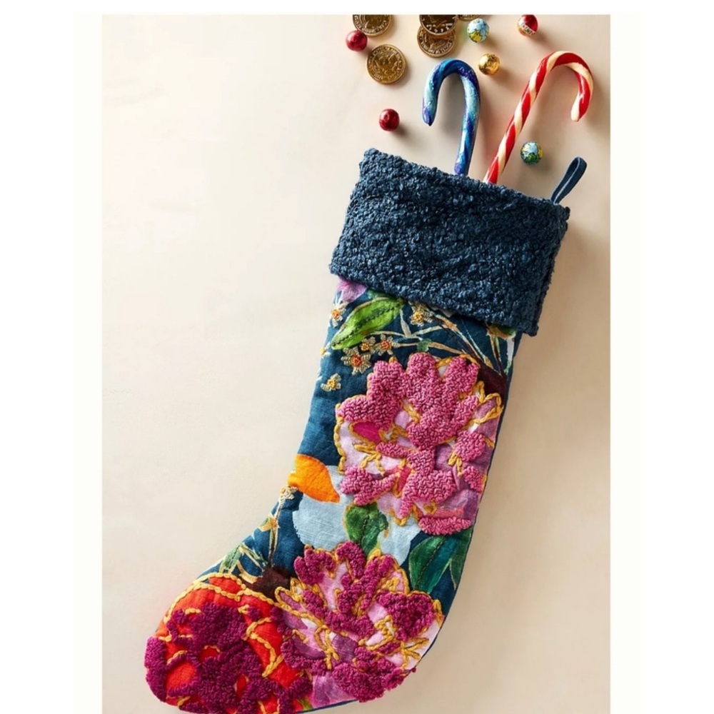 Anthropologie x Nori Floral Embroidered Navy Christmas Stocking
